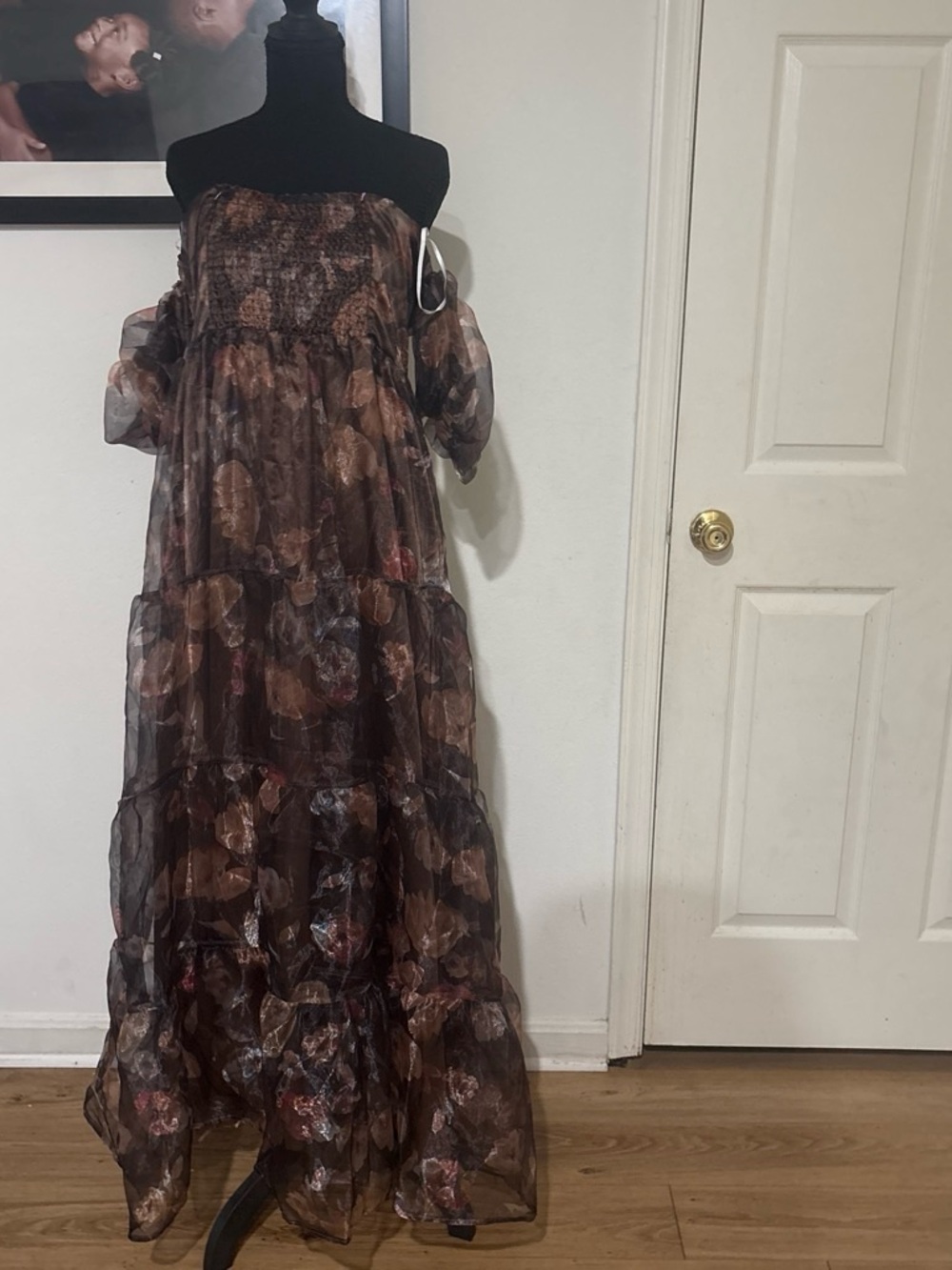 Lulu's Brown Floral Off-Shoulder Tiered Maxi Dress
